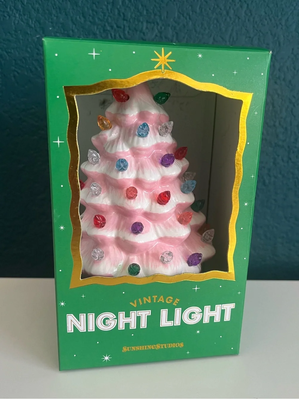 Vintage Christmas Tree Night Light Green and Pink